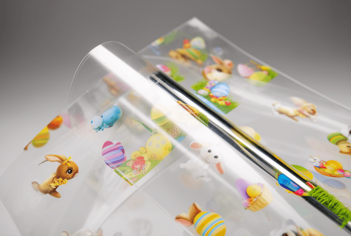 détail film PVC transparent imprimé pour vitrophanie Noël