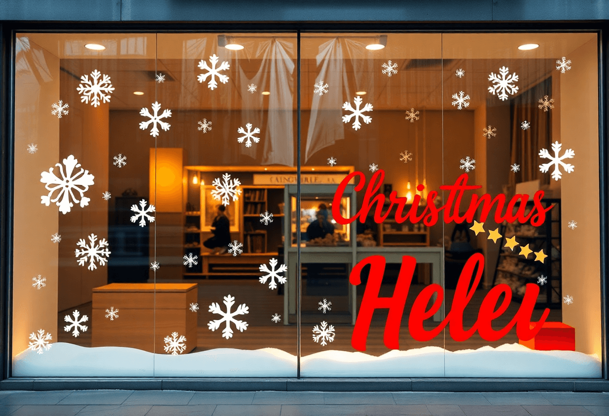 vitrophanie de Noël avec flocons et étoiles sur vitrine de magasin