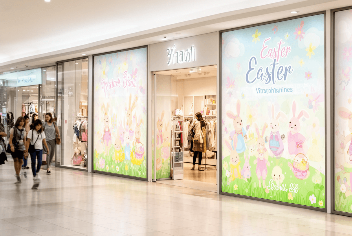 vitrophanie de Pâques avec œufs colorés et lapins sur vitrine